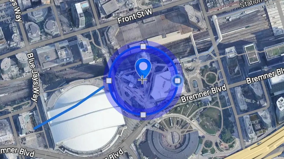 A circle on the map selected for editing, with its edit points showing
