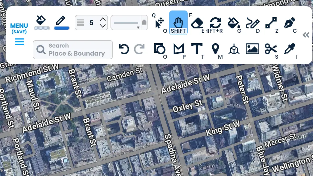 The ScribbleMaps editor toolbar over a satellite map, showing the drawing, measuring and styling tools