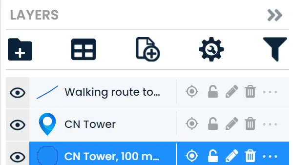 The ScribbleMaps layer list naming the three features an agent created
