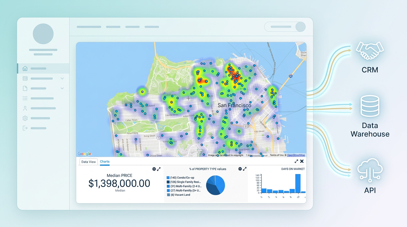 USE THE REFERENCE IMAGE I PROVIDED as the centerpiece: it is a screenshot of a real ScribbleMaps map. Place that map screenshot prominently in the composition, then surround it with subtle visual hints of custom development and integration. On one side, show light wireframe overlays of a partner company's branded web application embedding the same map, with a generic placeholder logo at the top. On the other side, show clean modern icons for external systems labeled CRM, Data Warehouse, and API, connected to the map by softly glowing data flow lines. Keep the real map screenshot crisp and recognizable. Clean modern style, soft gradient background, no toolbar chrome, no extra borders or frames.