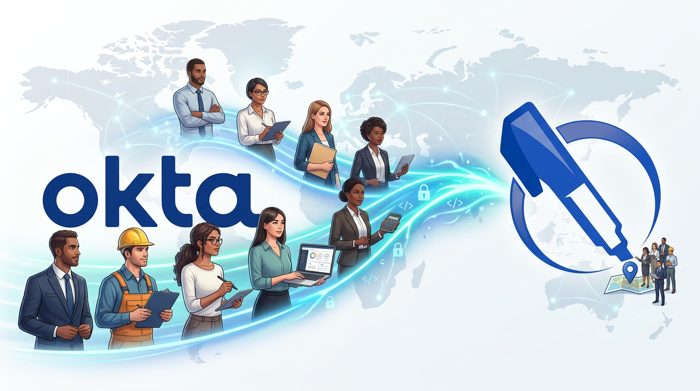 Show people from different departments (sales, engineering, marketing, operations, HR, finance) each with distinct professional attire flowing through the Okta logo (the word 'okta' in bold dark blue font) and arriving at the ScribbleMaps logo. USE THE REFERENCE LOGO IMAGE I PROVIDED - place it on the right side of the composition. The reference logo shows a blue marker pen inside a circular swoosh. Visualize diverse teams being authenticated and unified, with a glowing authentication flow connecting Okta to the reference logo. Clean modern background with subtle map elements. No toolbar, no UI chrome, no extra borders or frames.