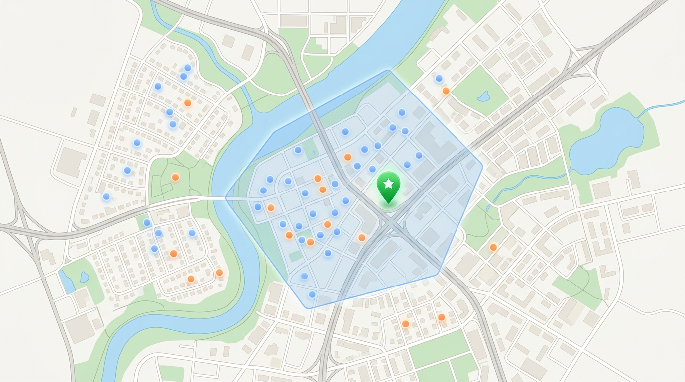 A small business map with customer markers, a delivery zone polygon and a candidate store location pin over a city