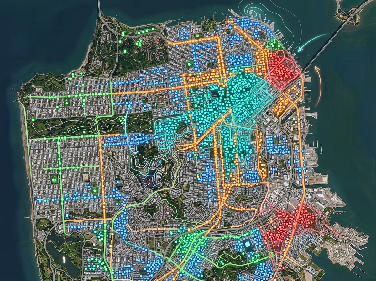 A customer map with markers grouped by color over a city showing customer density