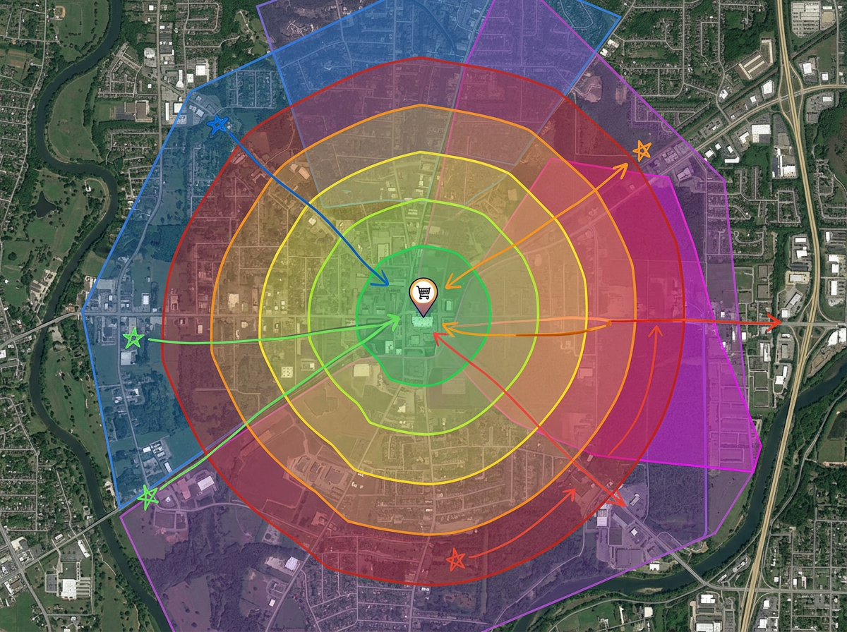 A delivery zone map with travel-time isochrones around a store location and color-coded service zones