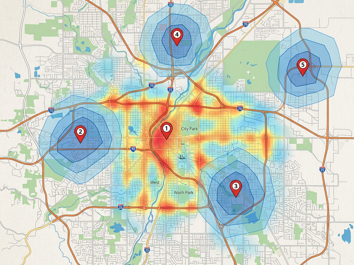 A site selection map with candidate location pins overlaid on customer density and travel-time zones