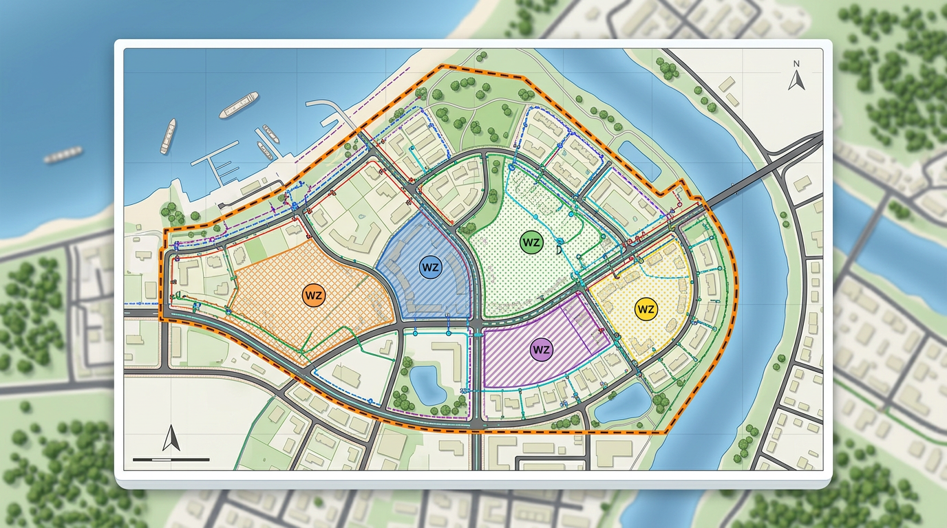 A civil engineering map with site boundaries, utility line overlays and labeled work zone polygons across a project area