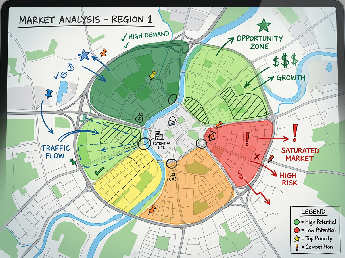 A market analysis map with regions colored by score and labeled with findings for a client briefing