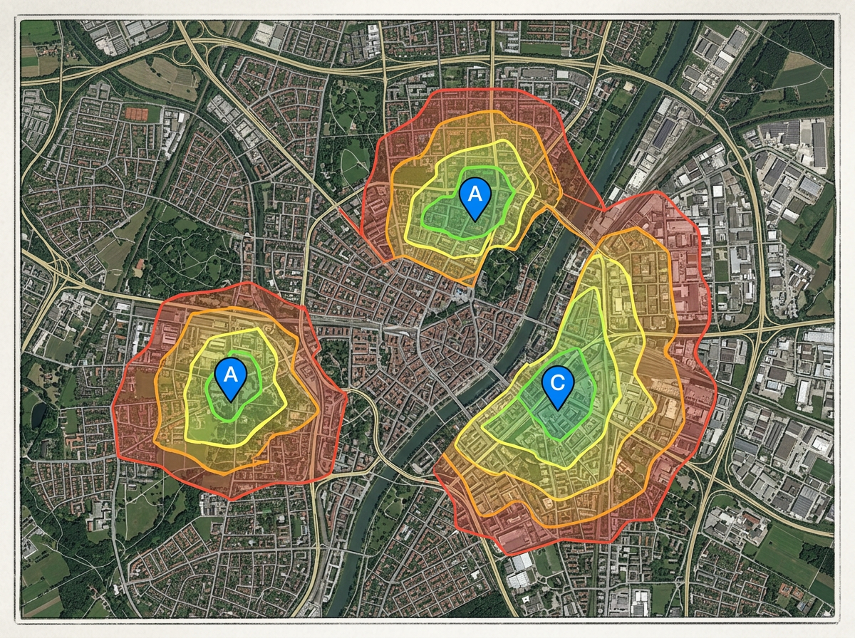 A site selection map with candidate locations and travel-time isochrones overlaid for a client study