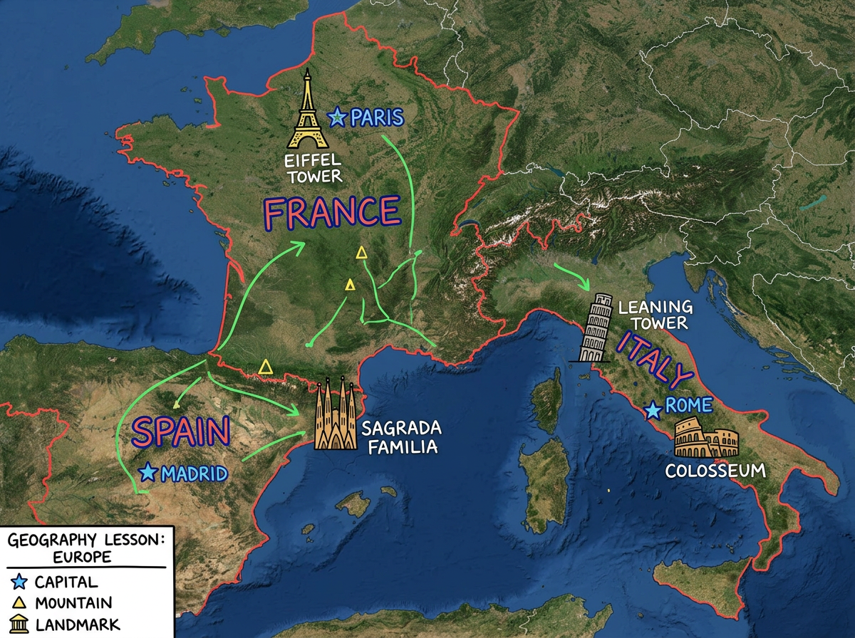 A geography lesson map with labeled countries, capitals and landmark markers for a classroom activity
