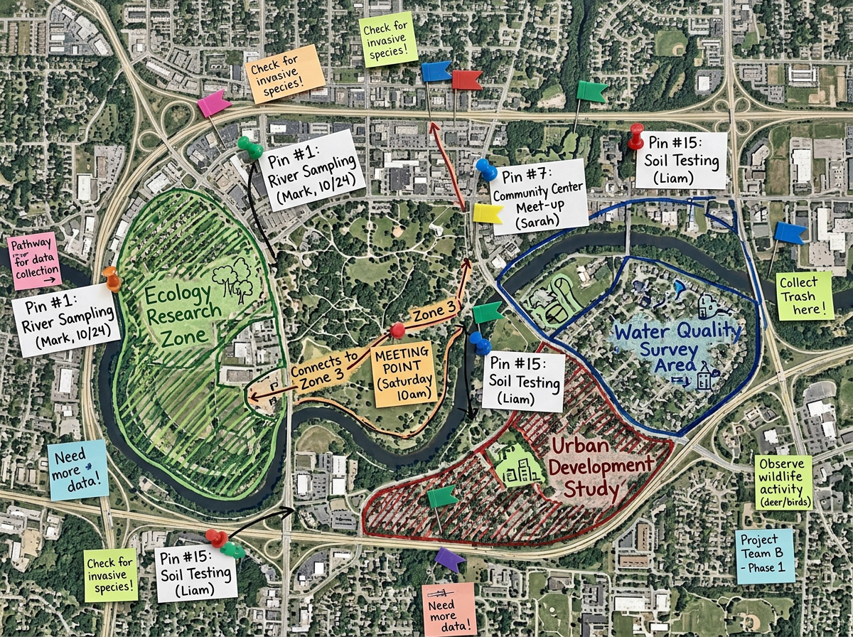 A student activity map with pins, zones and notes added by students over a regional map
