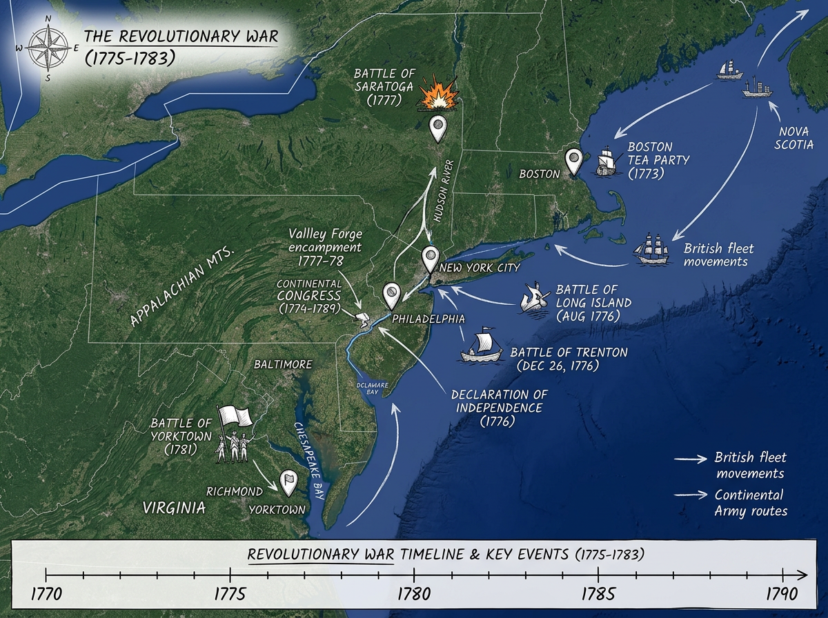 A history project map with event markers along a timeline and labeled places across a country view