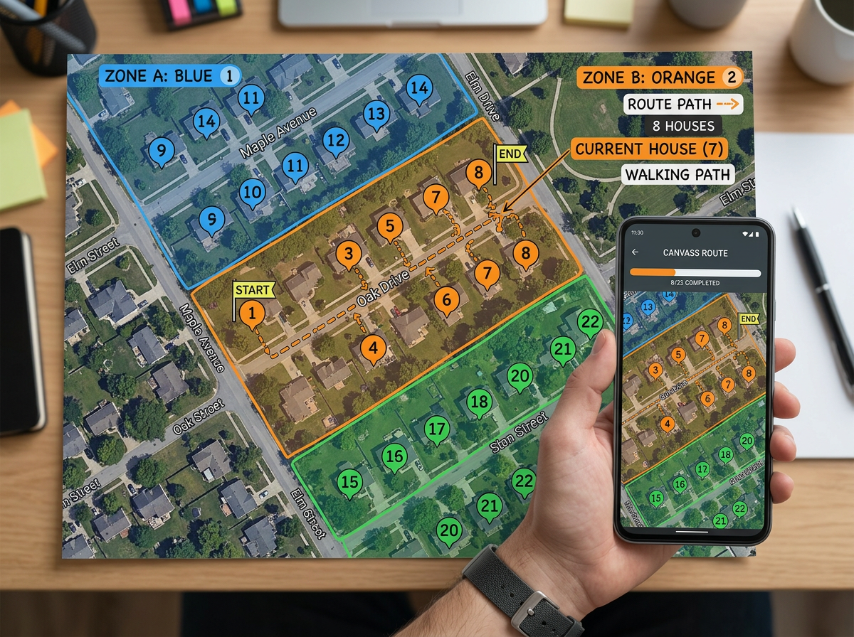 A canvassing route map split into colored zones with sequenced house markers and a phone showing the same map