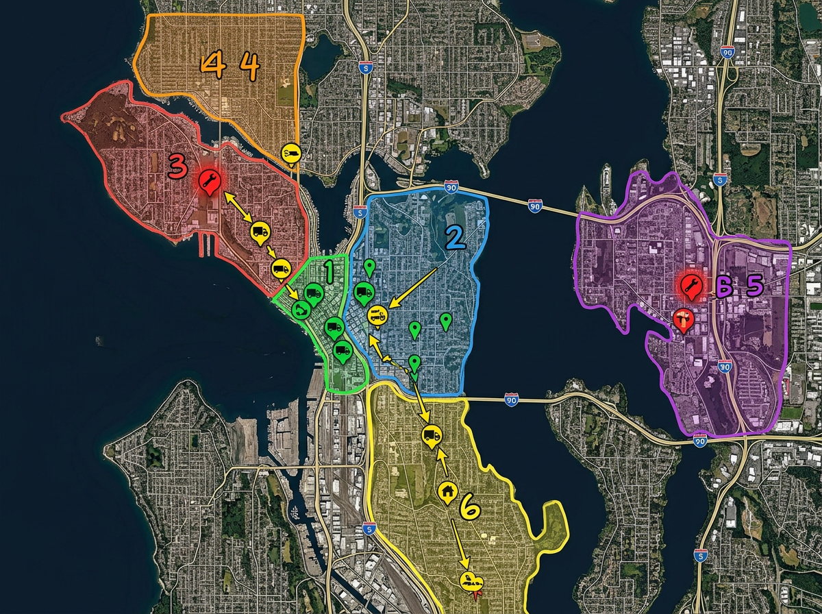 A crew dispatch map with multiple team areas color-coded and live status pins across a metro area