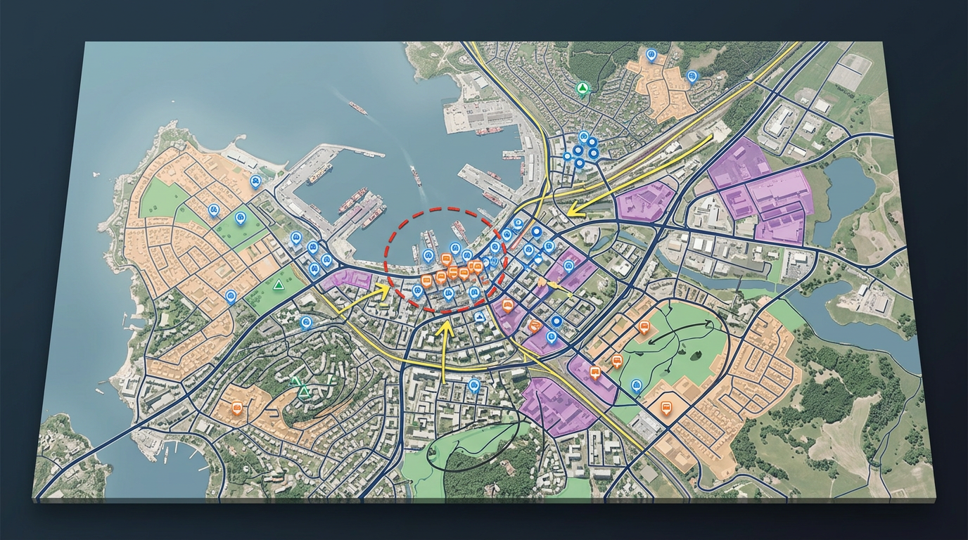 A GIS analyst map with imported shapefile layers, sketch markup and labeled points over a satellite view
