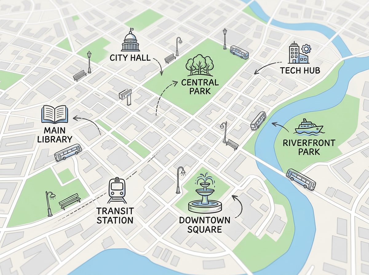 A public-facing map embed with clean styling and labeled points for a city information page