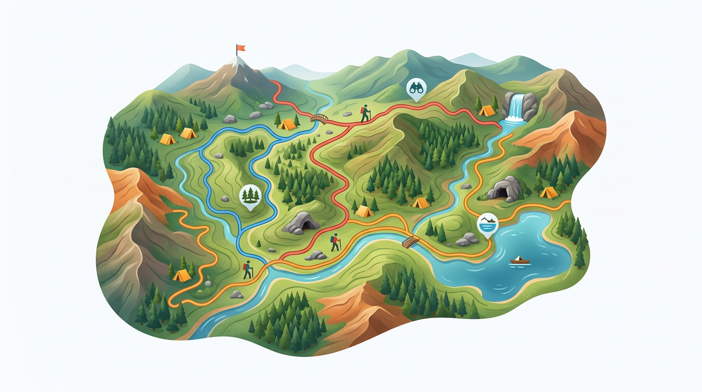 A colorful personal map with hiking trail routes, campsite markers and labeled landmarks over a terrain view