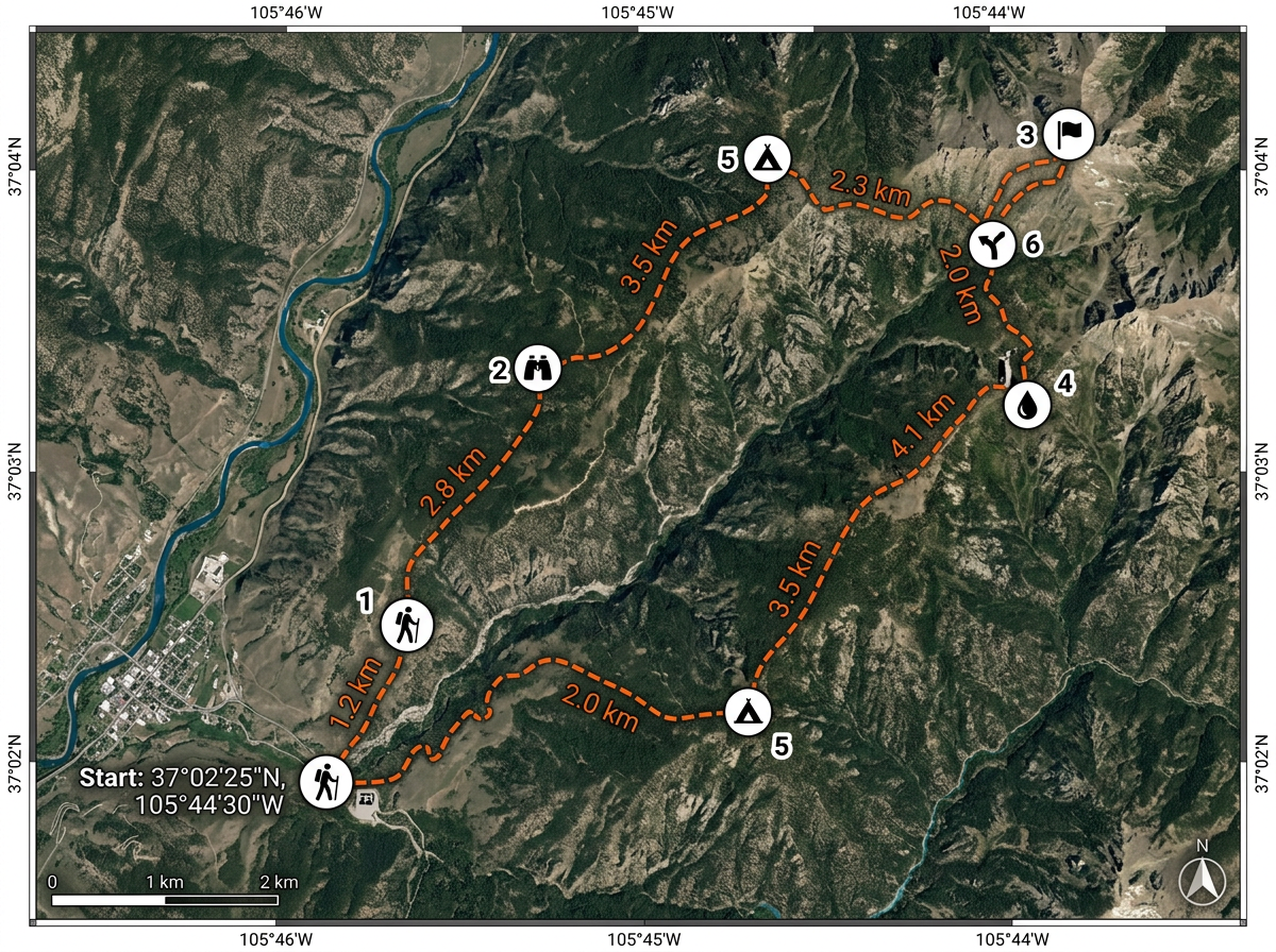 A hiking trail drawn on terrain imagery with waypoint markers and distance measurements