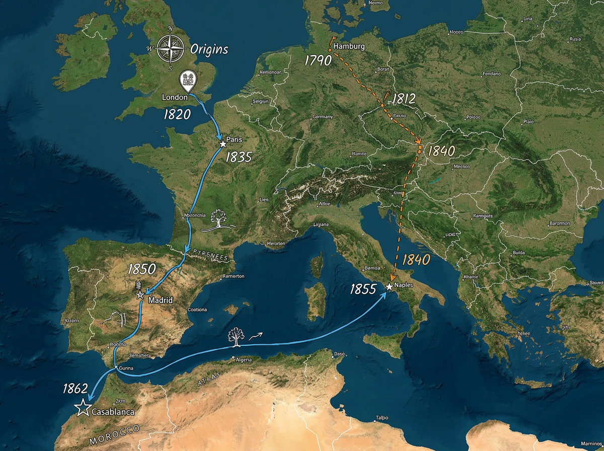 A genealogy map with family origin markers, migration route lines and date labels across multiple countries