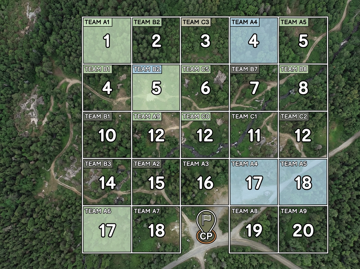 A wooded area split into numbered grid search sectors with assigned team labels and a command post marker on a satellite basemap