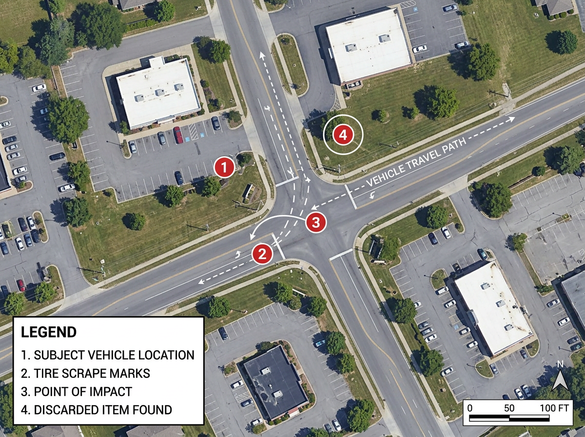 A simple court-ready exhibit map with a numbered legend, a measured scale bar and labeled evidence locations on a clean basemap