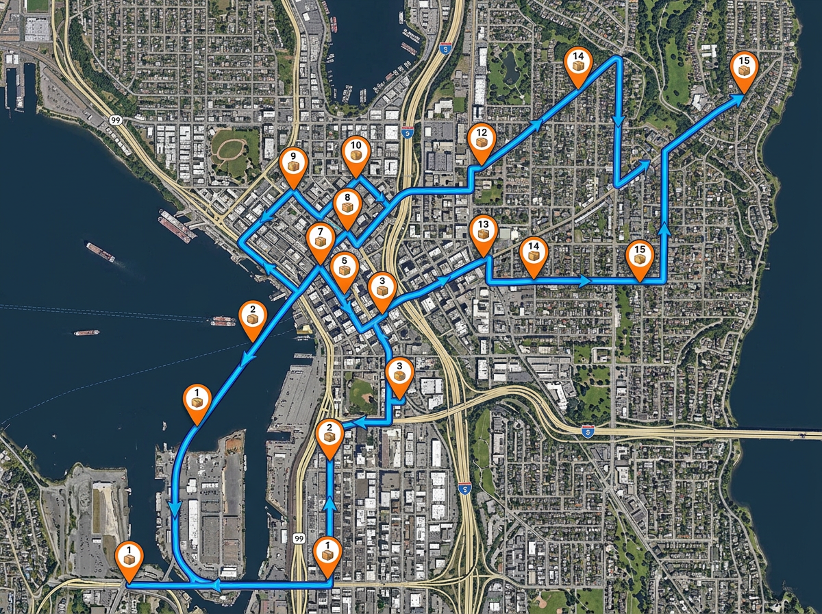 A driver route map with sequenced delivery stops and drive lines connecting them across a metro area