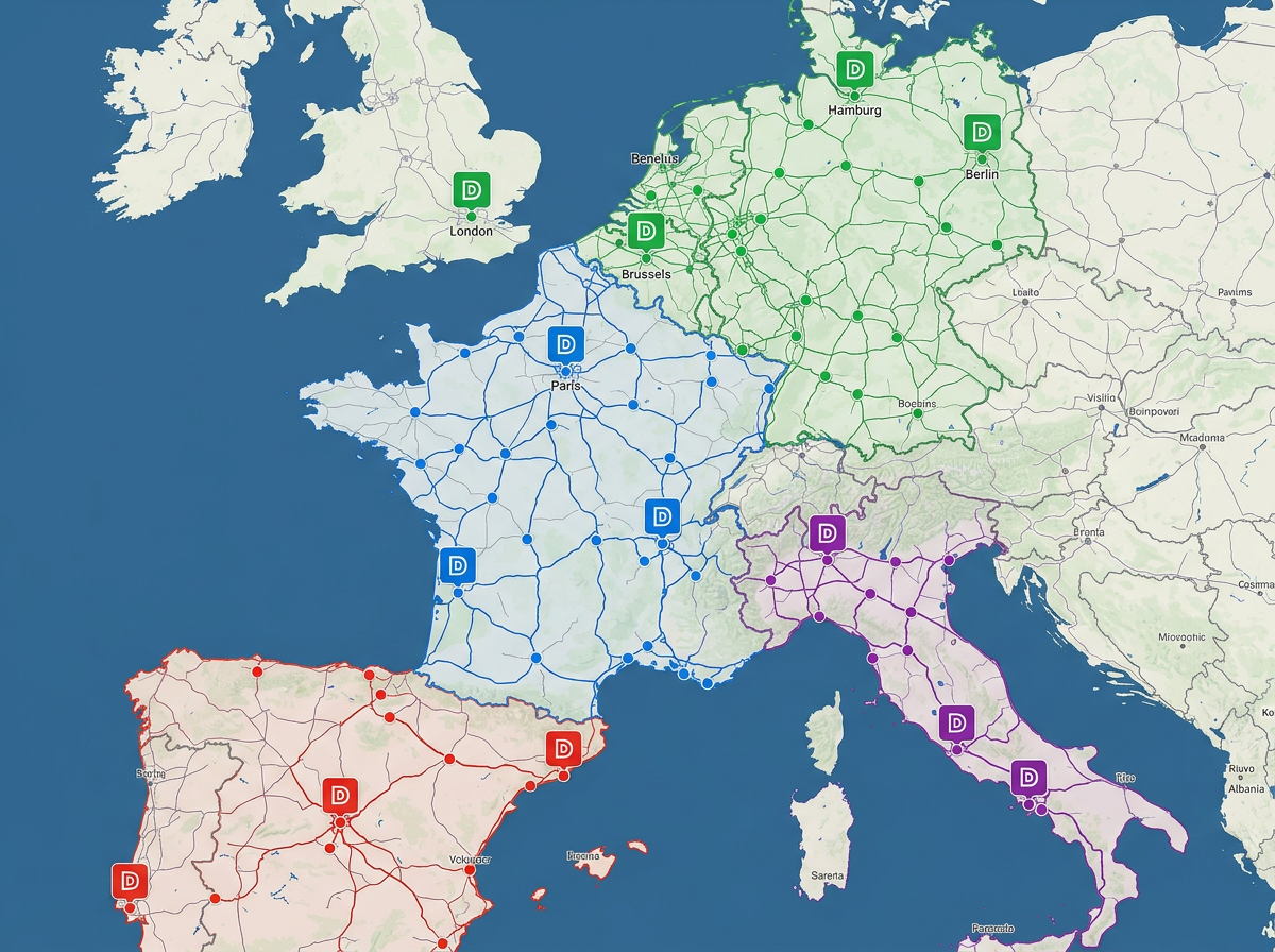 A network map with depot and warehouse markers grouped by color and region across a country view