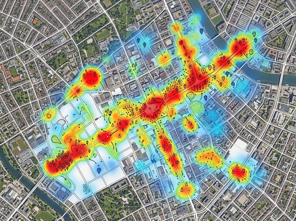 A customer density heatmap with hotter colors showing high-customer areas and cooler colors showing white space
