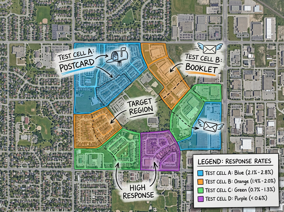 A direct mail map with ZIP code areas color-coded by test cell and a legend showing response rates