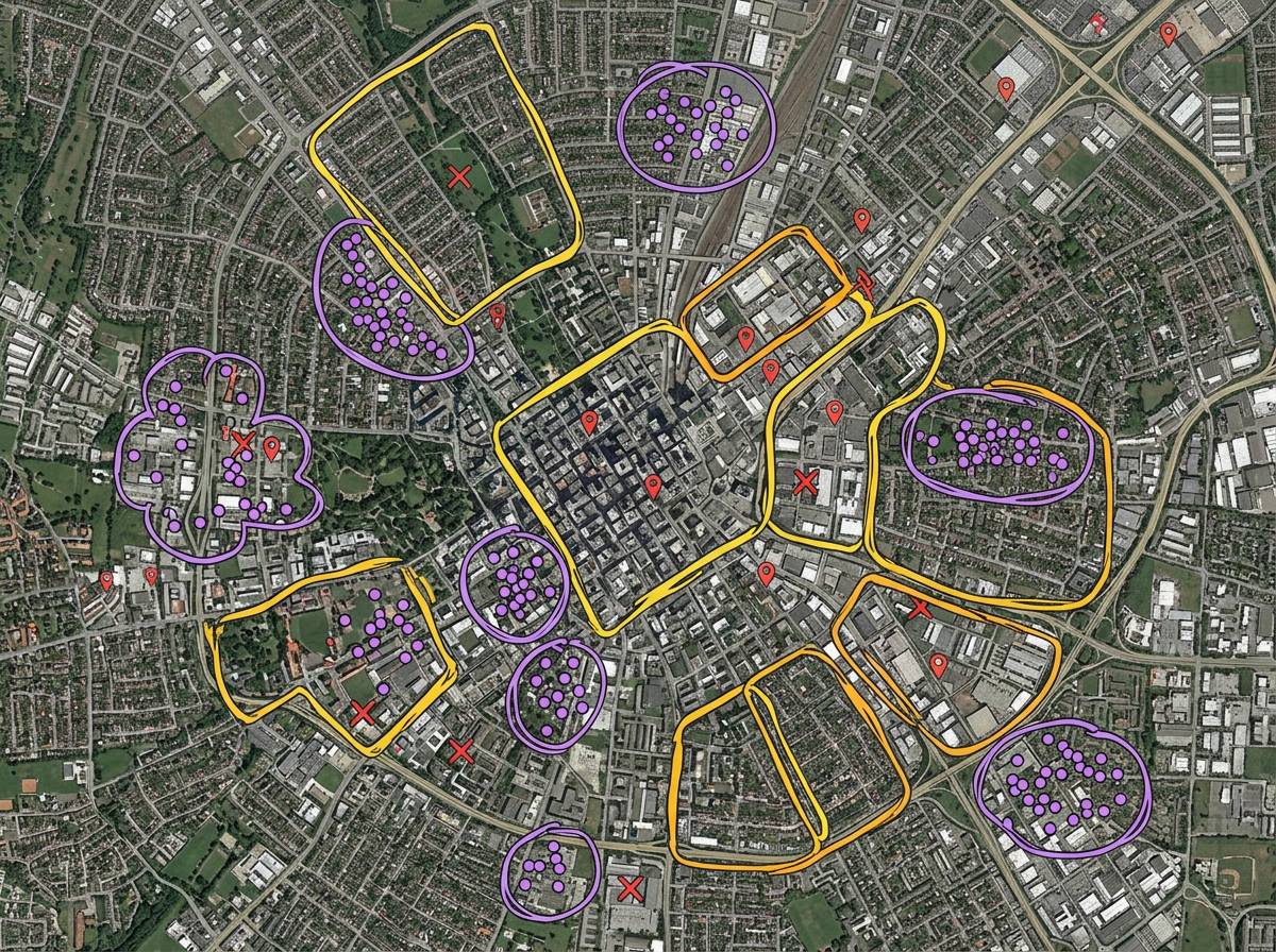 A market analysis map with customer clusters, competitor markers and target regions outlined in contrasting colors