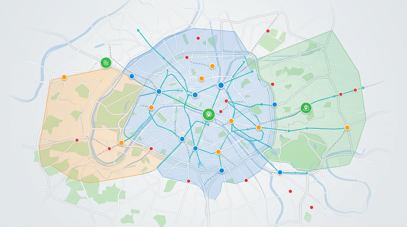 An operations map showing multiple sites as colored markers, route lines between them and coverage zones across a metro area