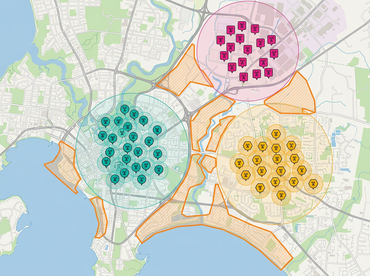 A multi-site coverage map with site markers grouped by color and gap zones outlined in a contrasting color