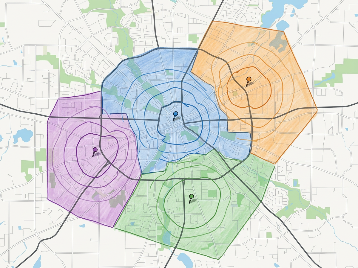 A service area map split into colored polygons by branch with travel-time isochrones overlaid
