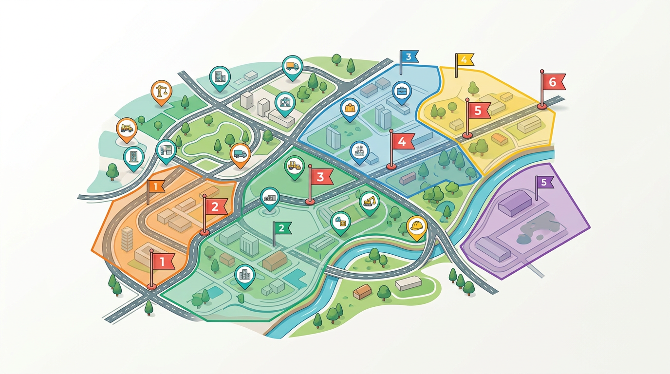 A project management map with site markers, work zone polygons in different colors and labeled milestone pins across a project area