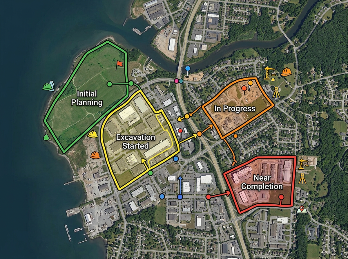 A project sites map with work zones outlined and color-coded by project phase across a region