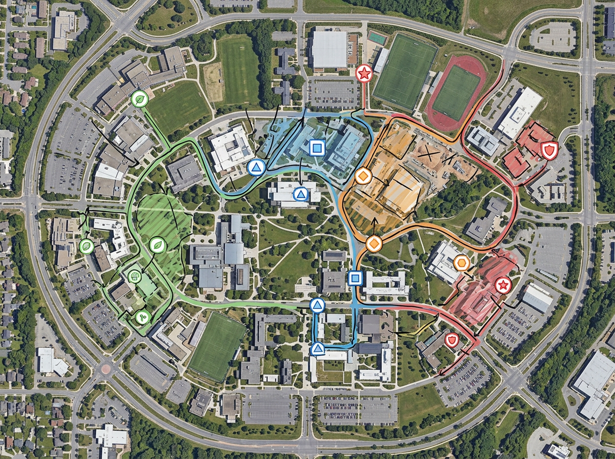 A milestone map with color-coded markers tracking project phases over a campus map
