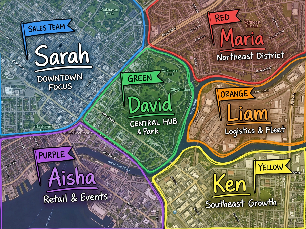 A team assignment map split into colored zones with each zone labeled with a team lead name