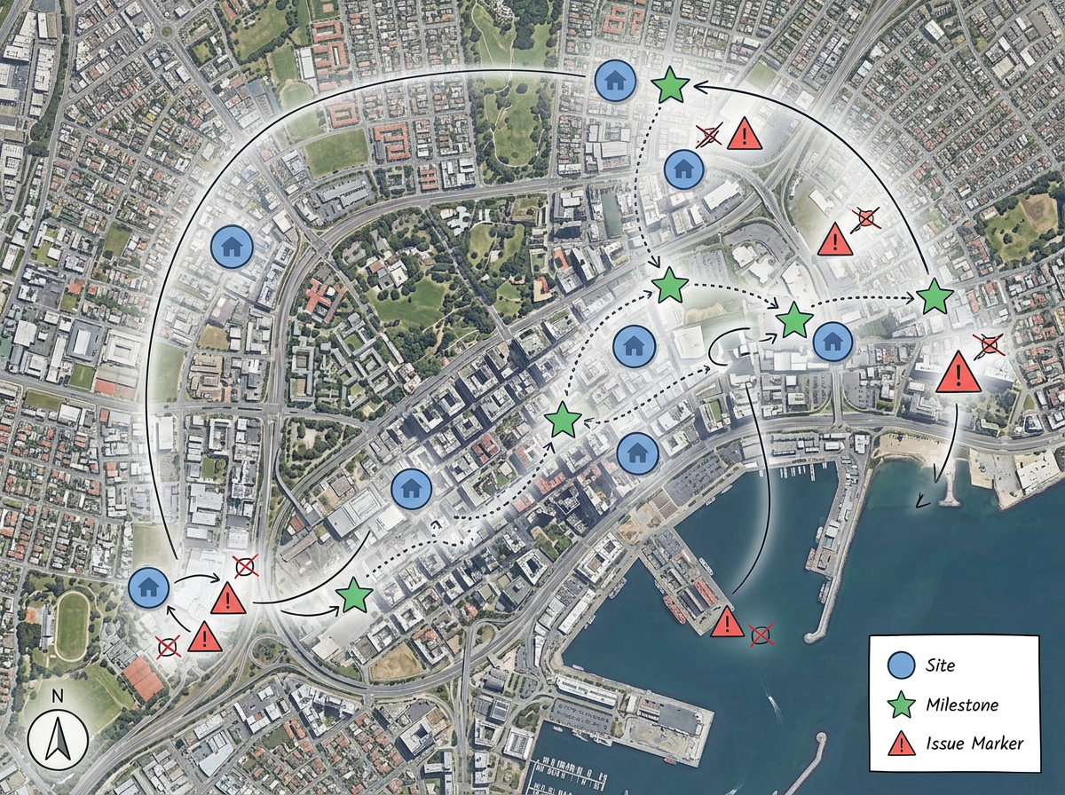 A stakeholder briefing map showing sites, milestones and issue markers with a clean overview layout