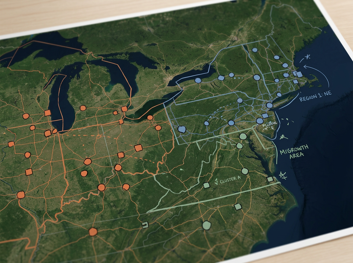 A portfolio overview map with property markers spread across multiple states and colored by region