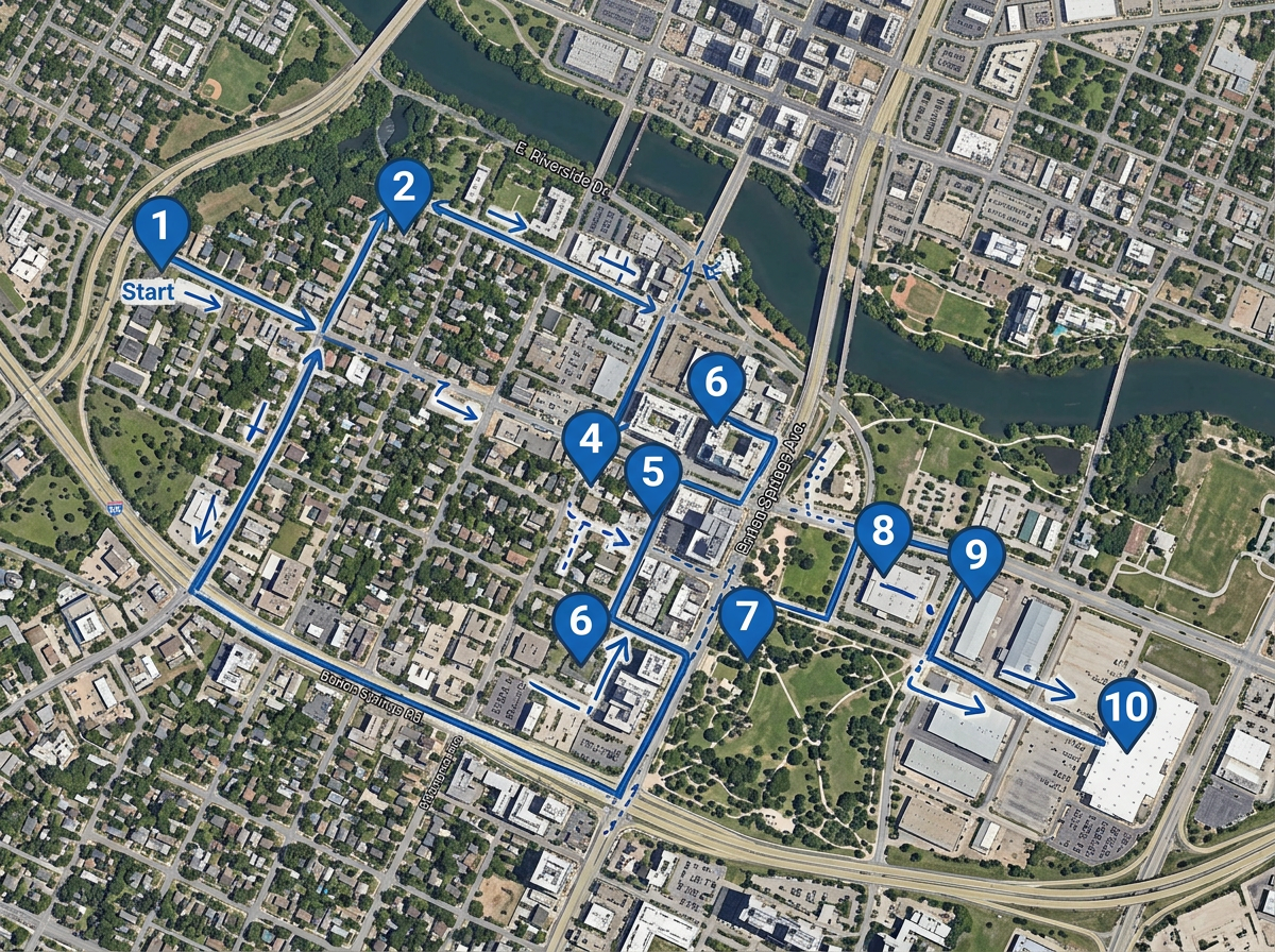 An inspection route map with sequenced property stops and drive lines connecting them across a city