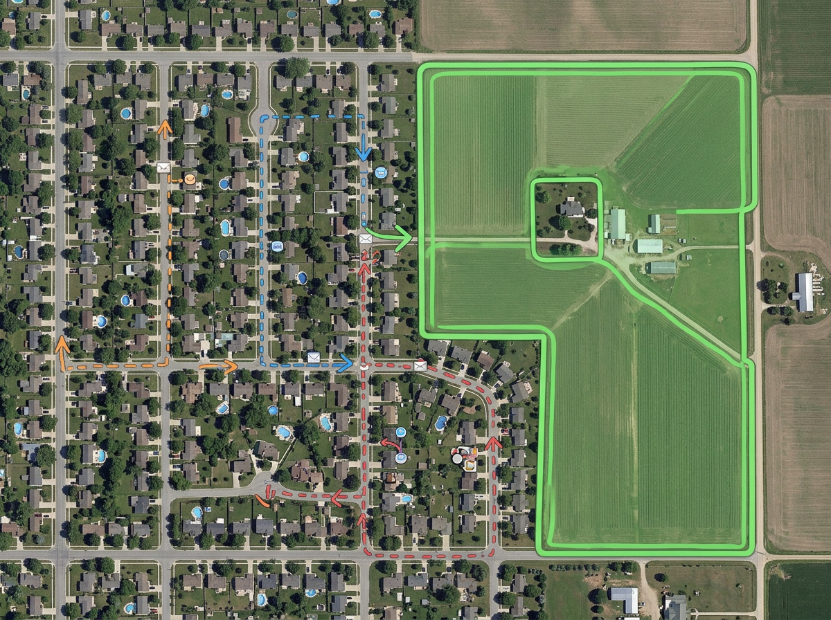 A farm area map outlined in color over a residential neighborhood with mailer routes overlaid