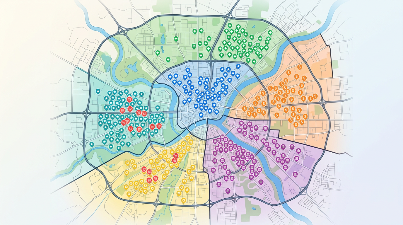 A sales territory map with color-coded regions, account markers grouped by industry, and a clean rep boundary overlay across a metro area