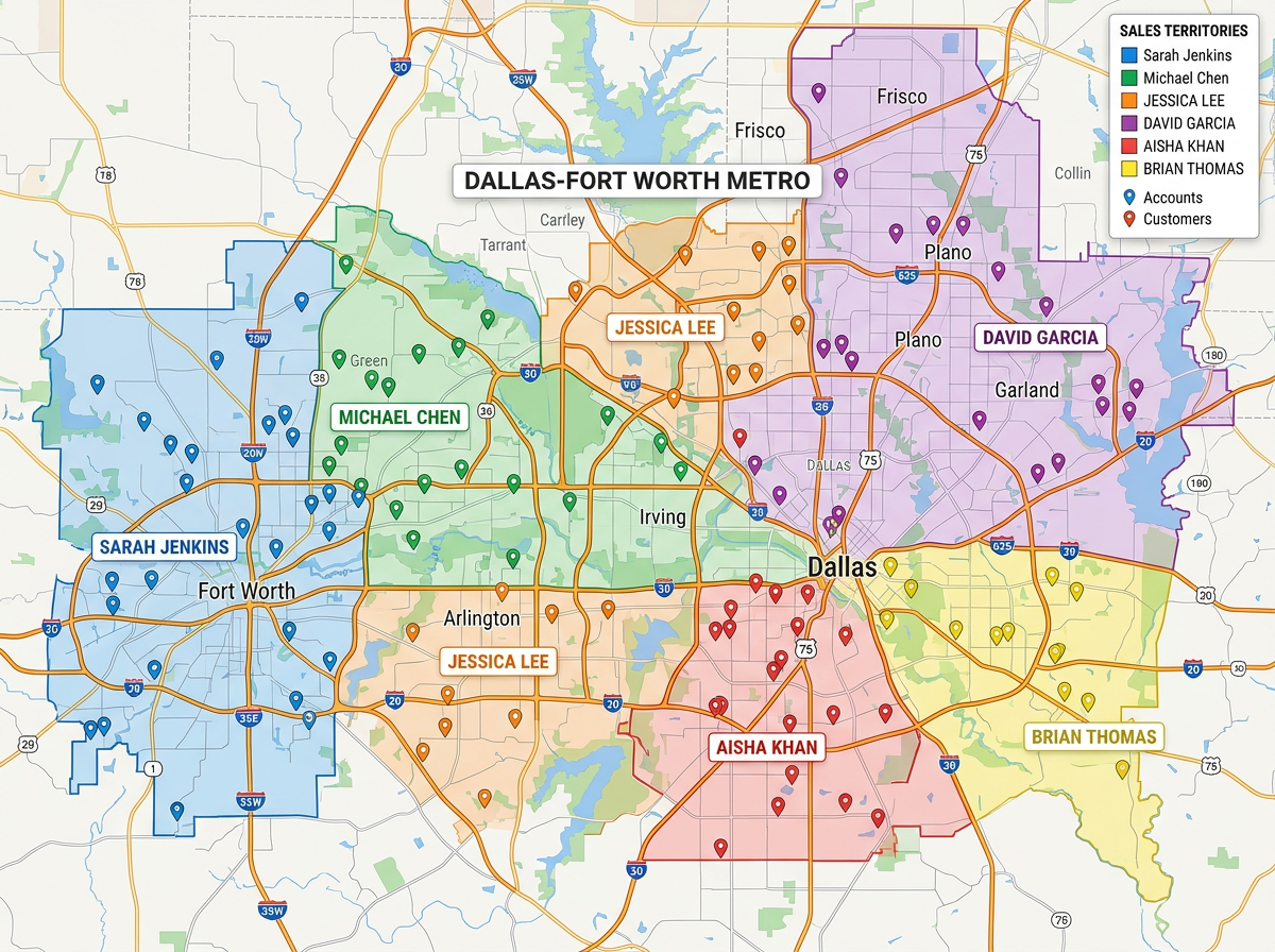 A sales territory map split into colored polygons by rep, with account markers and a labeled metro area