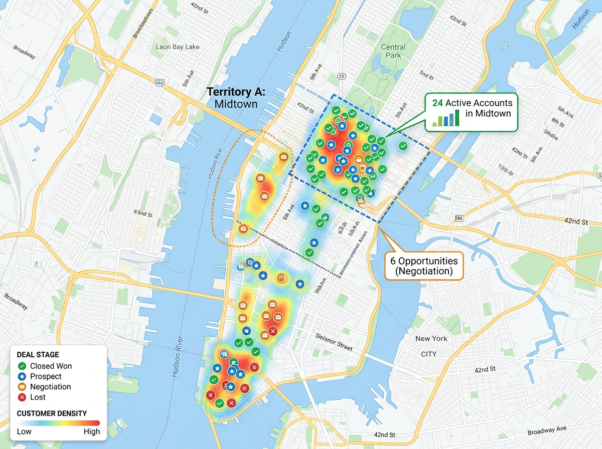 An account map with markers color-coded by deal stage and a heatmap overlay showing customer density