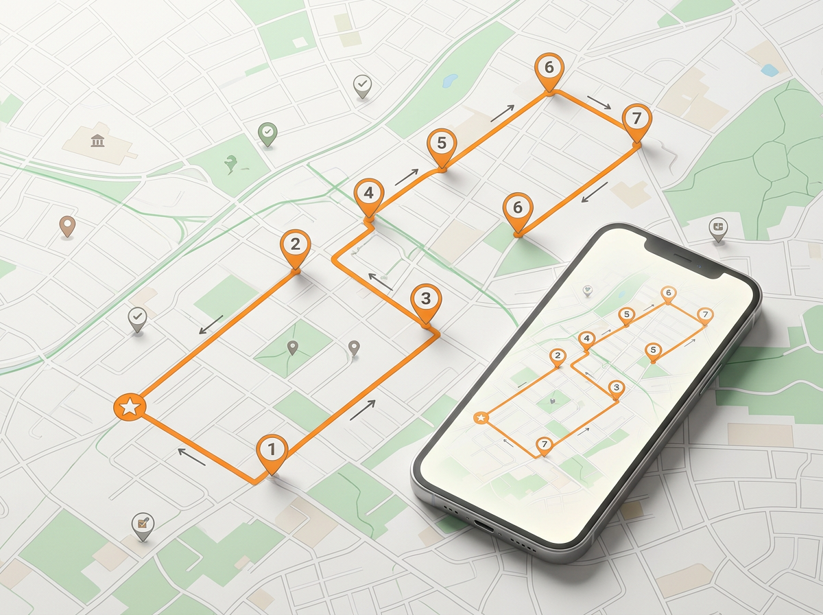 A field visit route with sequenced account stops, drive lines between them, and a mobile phone overlay showing the same map