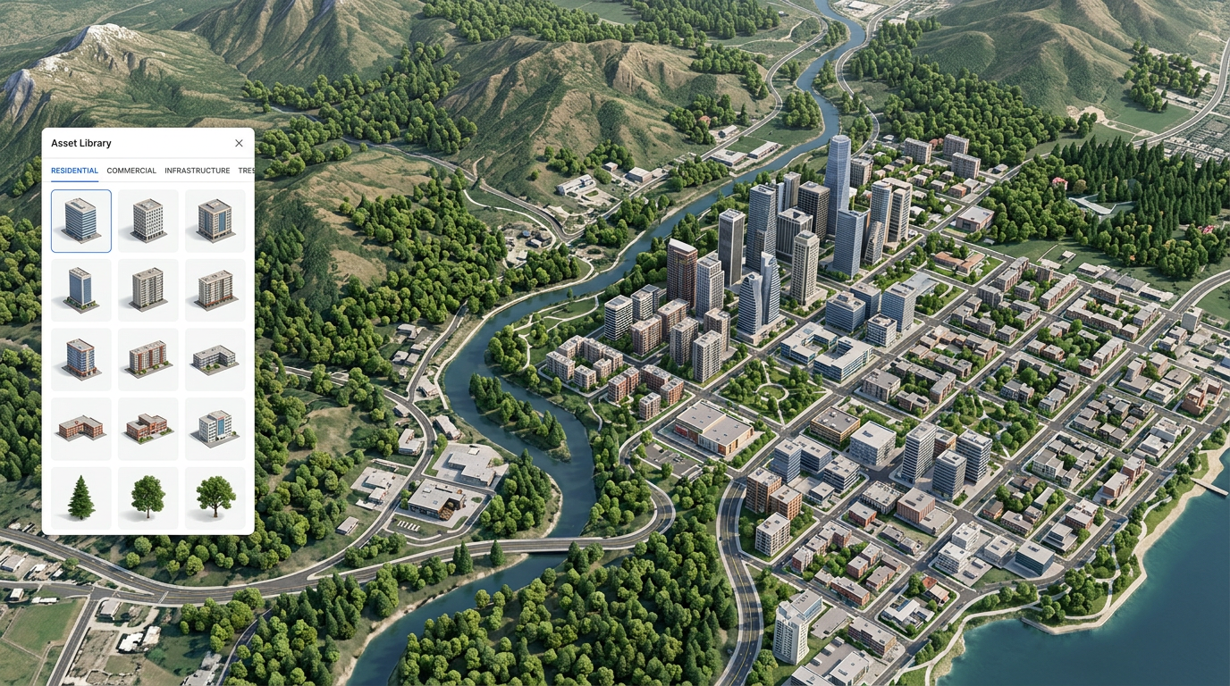 A 3D scene on a satellite map showing positioned building models, trees, and terrain with a model library panel open on the side