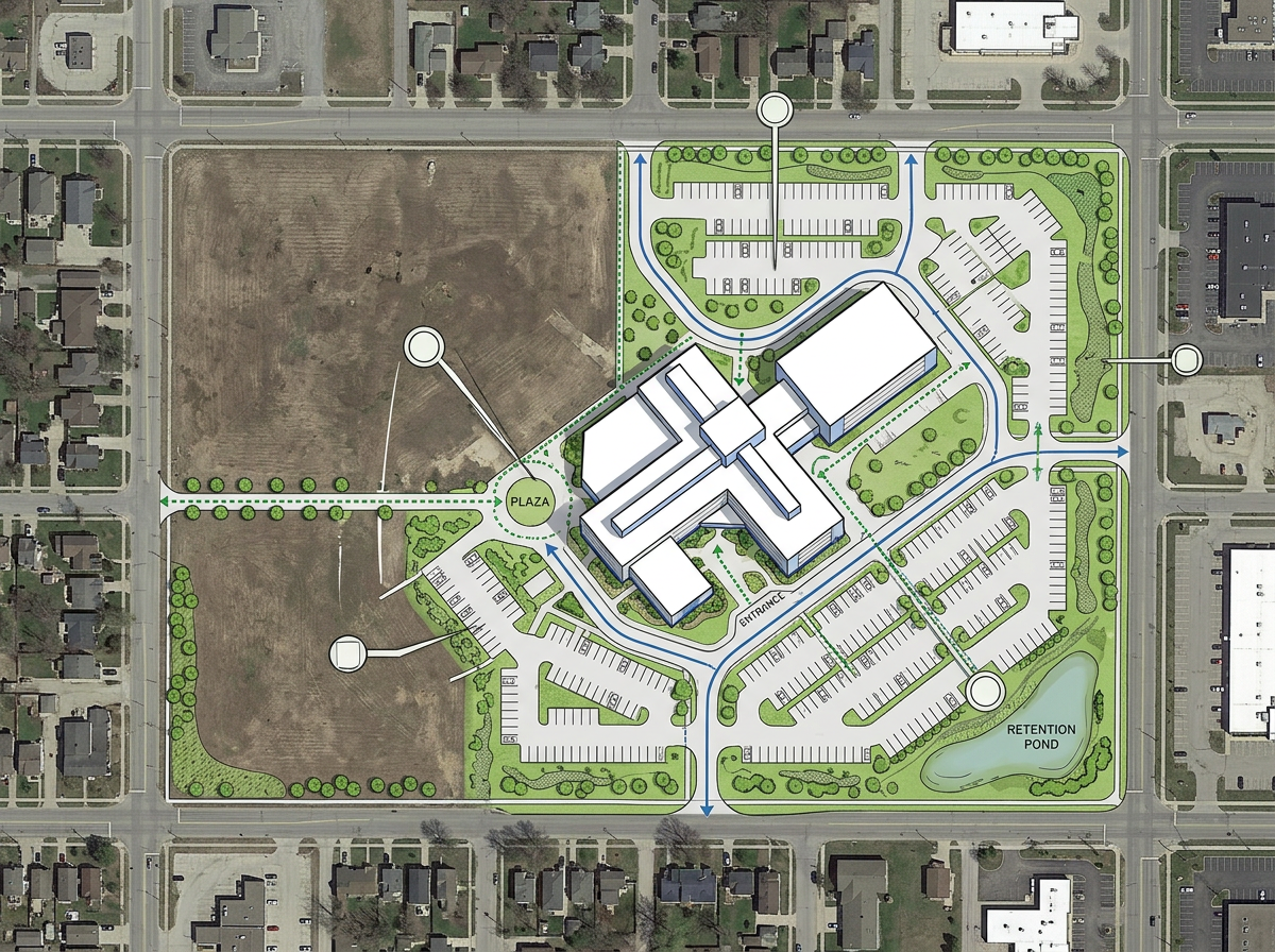 A 3D site plan showing a proposed building complex with parking lots and landscaping placed on satellite imagery of an empty lot
