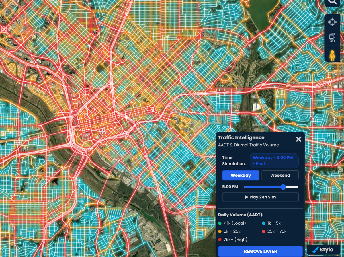 A Dallas traffic map in Scribble Maps with every road colored green, blue, orange, or red by AADT and the Traffic Intelligence legend open.