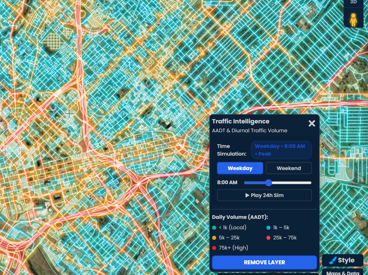 The Traffic Intelligence time simulation over Dallas set to 8:00 AM on a weekday, with roads colored by morning rush traffic.