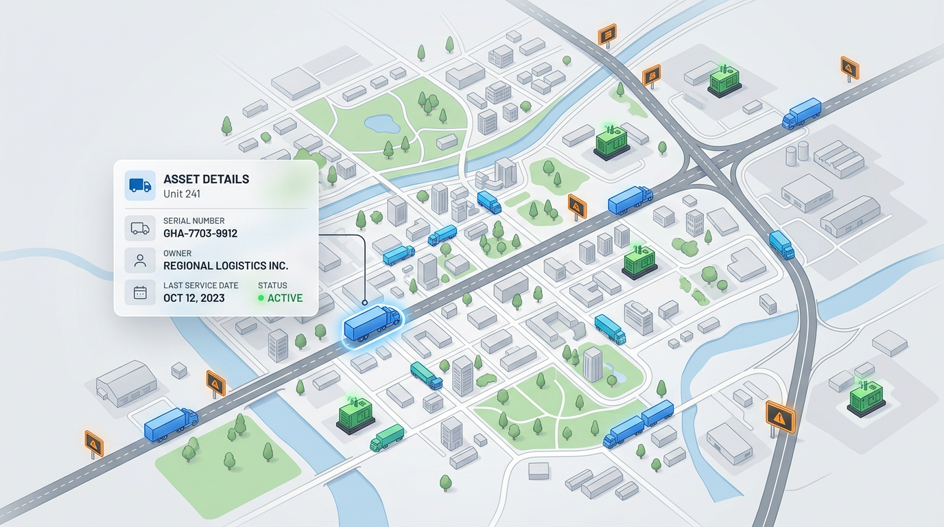 An asset map with icons for trucks, generators, and signs, plus a popup showing serial number, owner, and last service date.