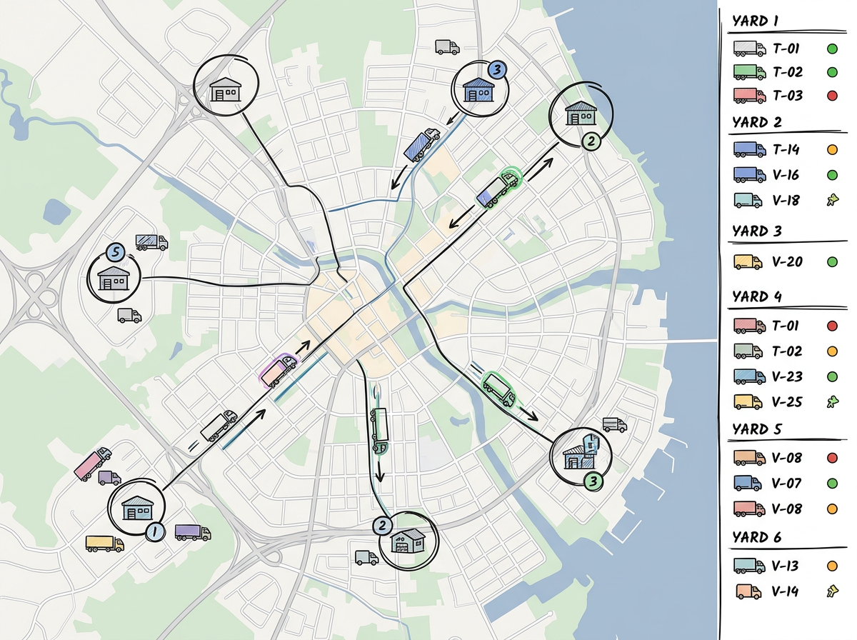 A fleet map with truck icons across multiple depots and a side panel listing vehicles by yard.